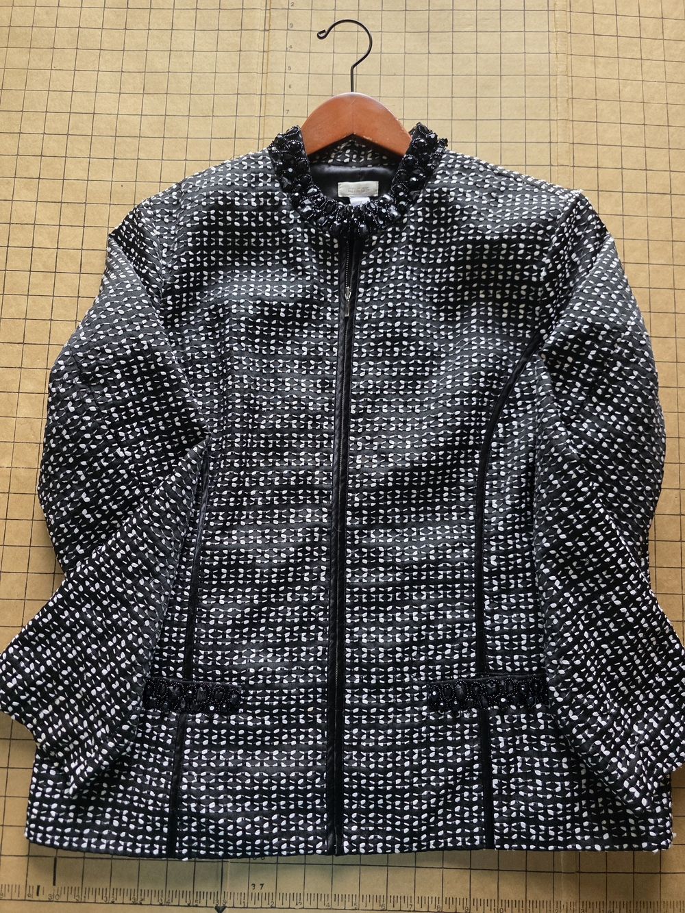 Chico's Black White Woven Tweed Full Zip Beaded Jacket Size 3 XL 16 18
